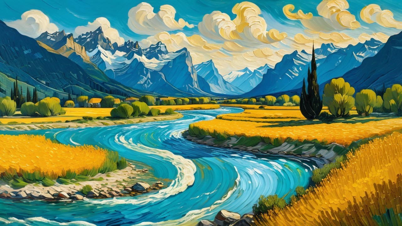 Vibrant Landscape with River and Snow-Capped Mountains
