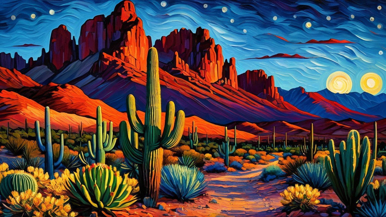 Vibrant Desert Landscape with Red Rocks and Two Suns