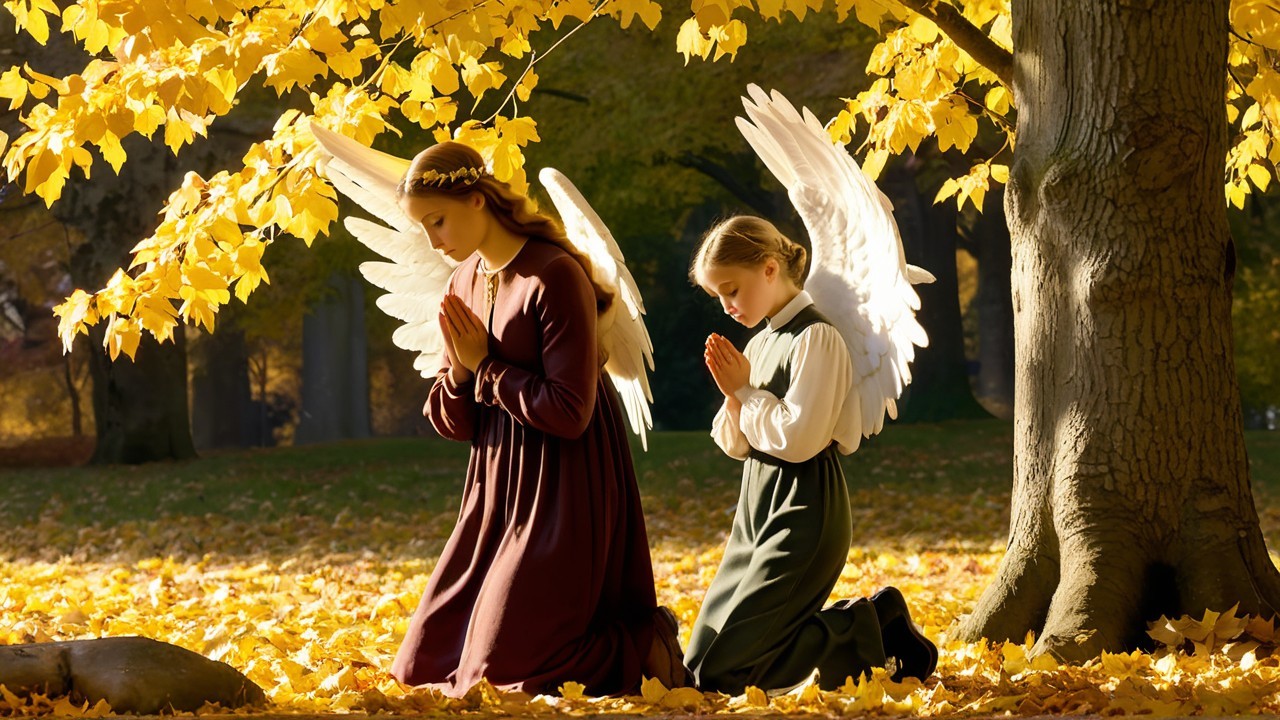 Angelic Figures in Autumn Leaves with Soft Sunlight