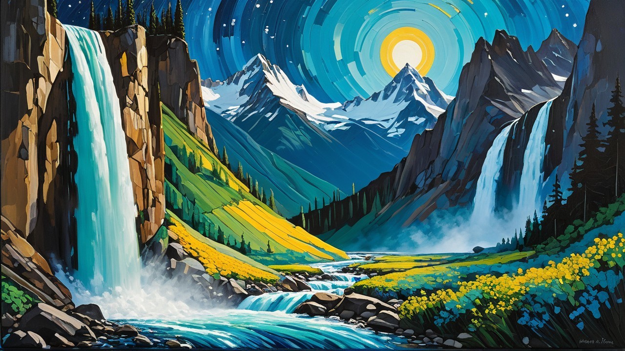 Vibrant Mountainous Landscape with Starry Sky and Waterfalls