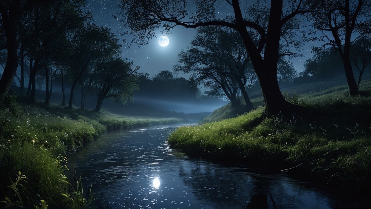 Tranquil Night Scene with Moonlit River and Stars