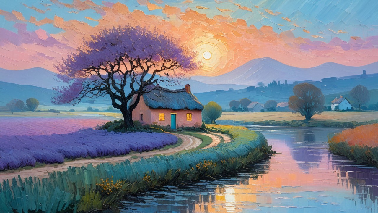 Serene Countryside Scene with Cottage at Sunset
