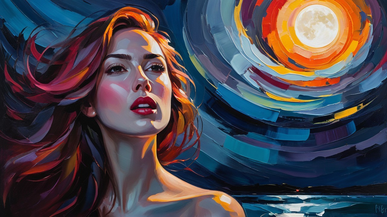 Portrait of a woman with flowing hair under a night sky