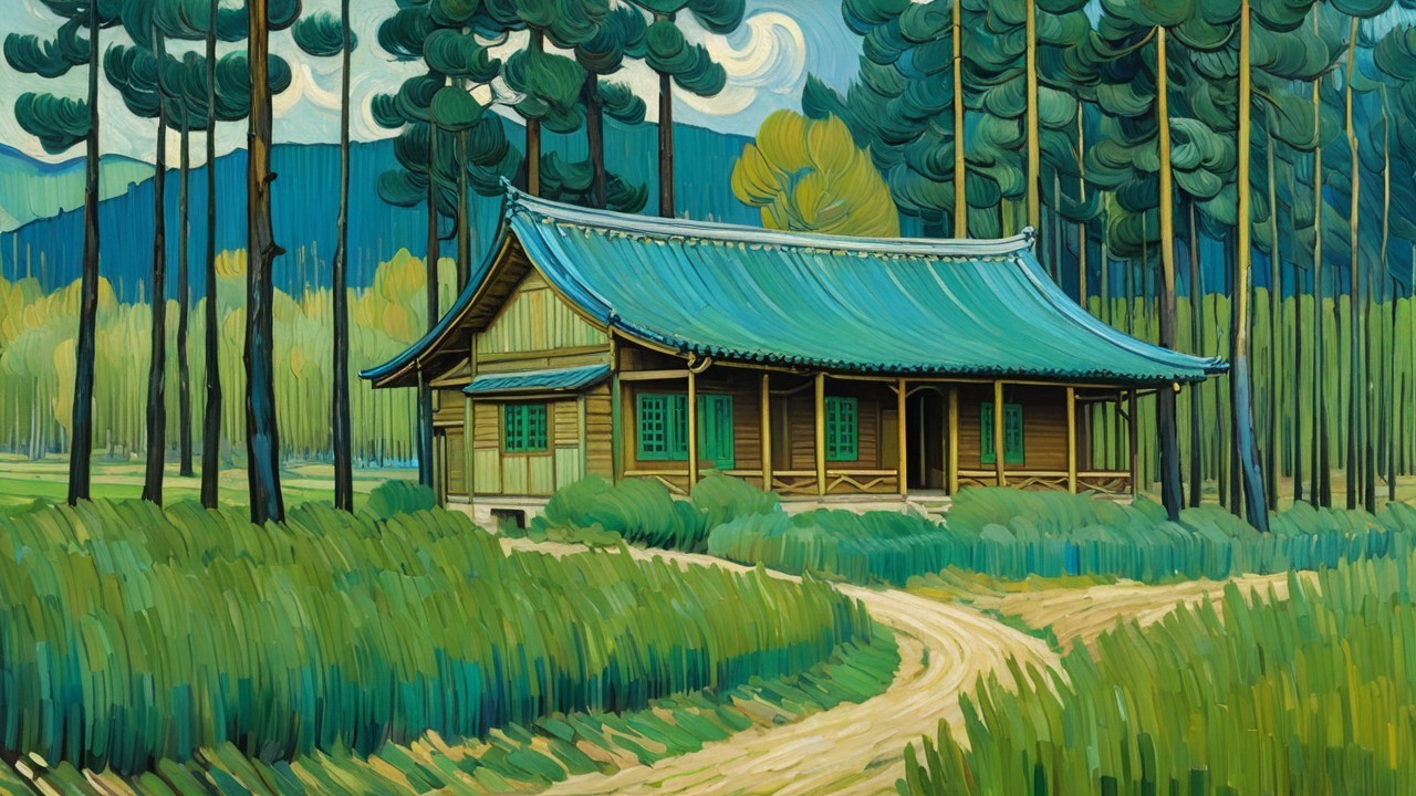 Serene landscape with a wooden house and vibrant trees
