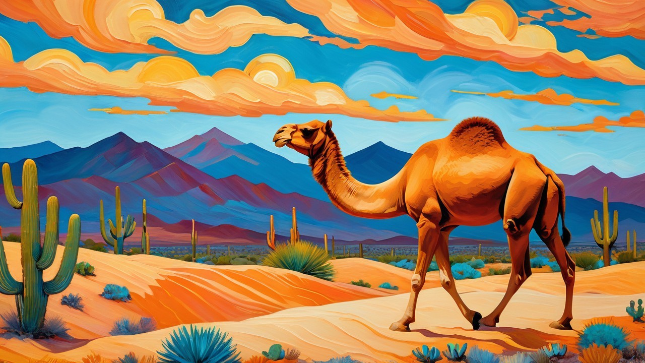Vibrant Desert Landscape with Camel and Sandstone Formations