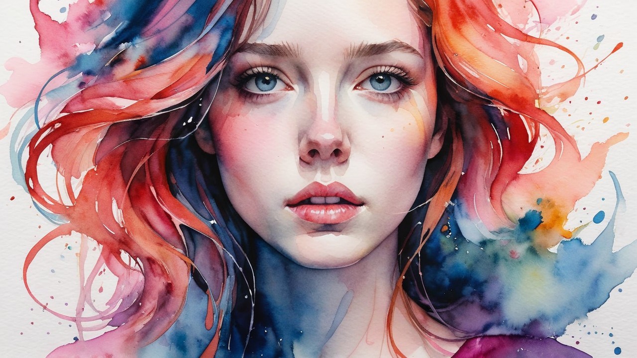 Watercolor portrait of a young woman with blue eyes