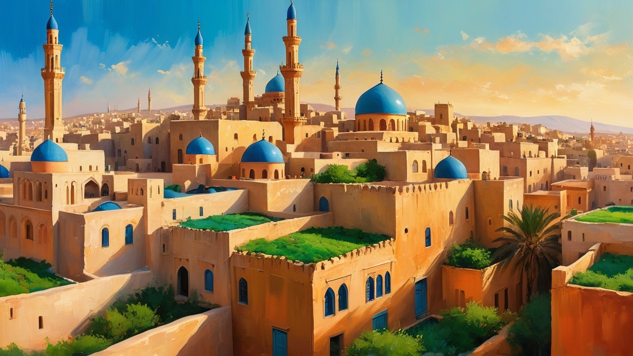 Vibrant Cityscape with Traditional Architecture and Greenery