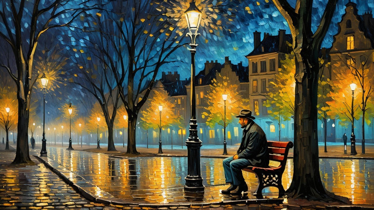Solitary Figure on a Rainy Autumn Street Bench