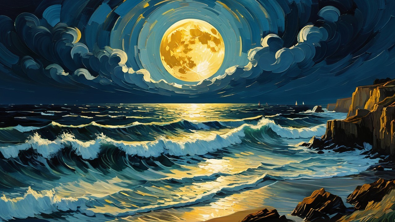 Seascape at Night with Full Moon and Rugged Cliffs