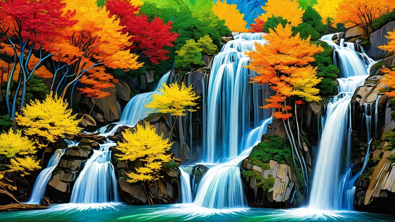 Vibrant Painting of Multi-Tiered Waterfall in Autumn