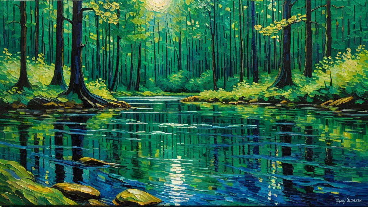 Serene Landscape Painting of River in Lush Forest