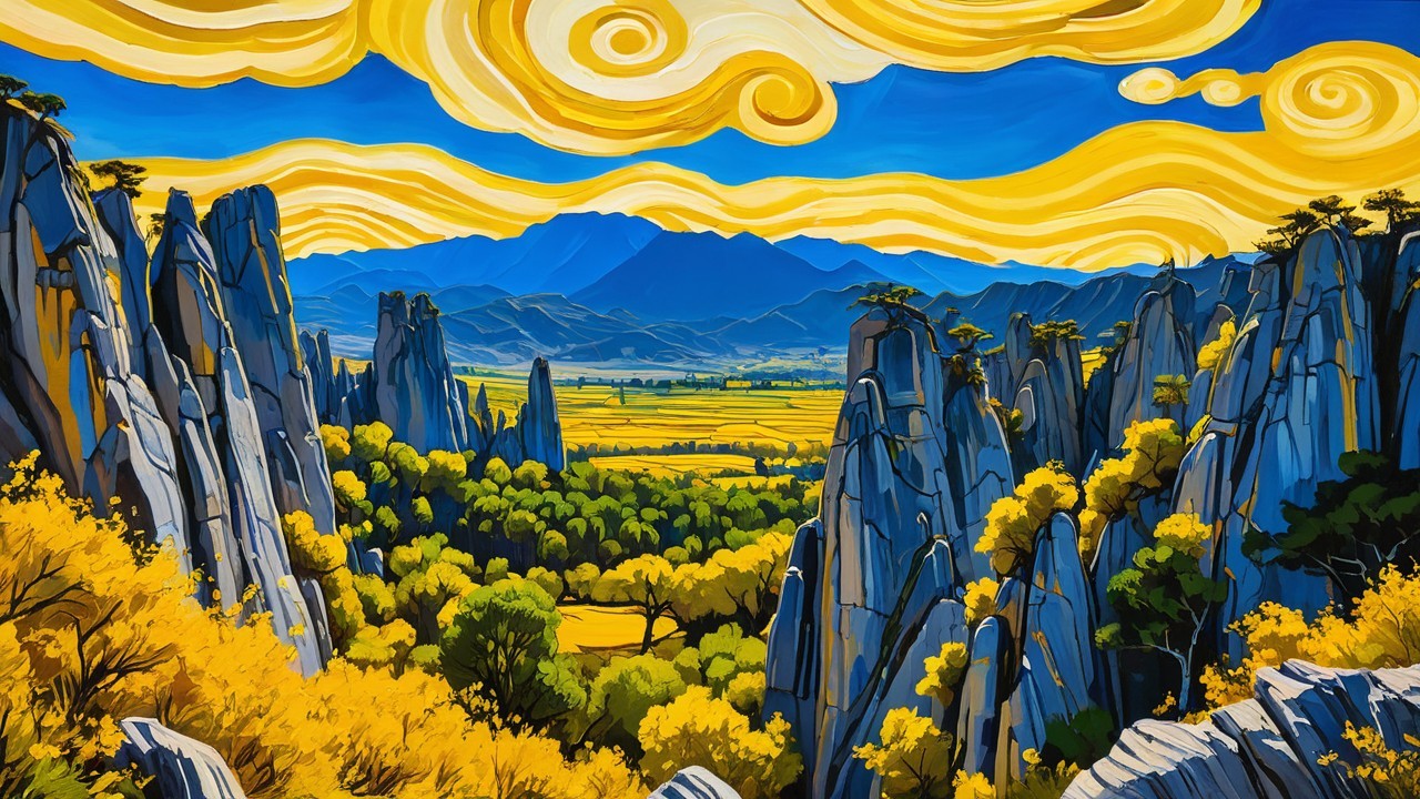 Stylized Landscape with Cliffs, Valley, and Mountains