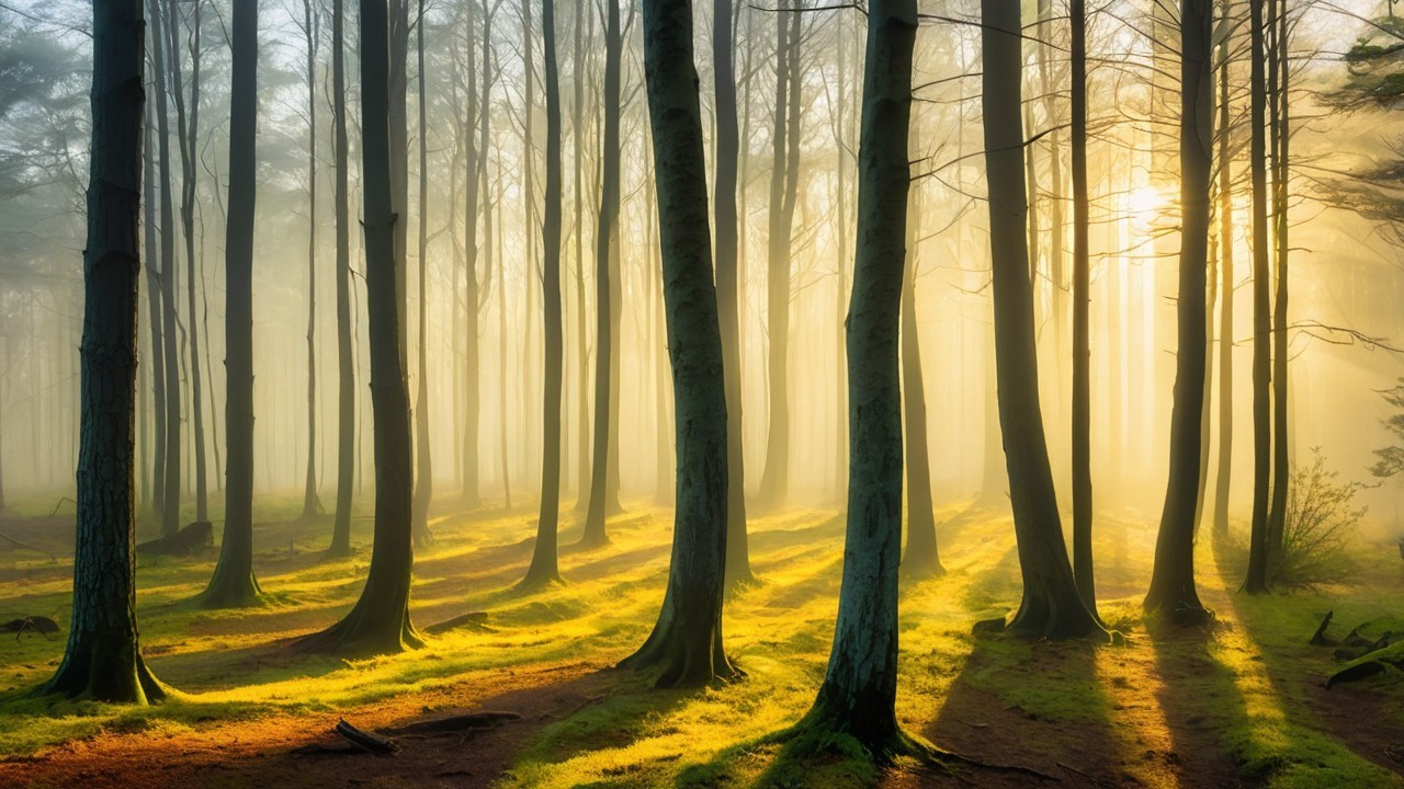 Serene forest scene with golden light and mist