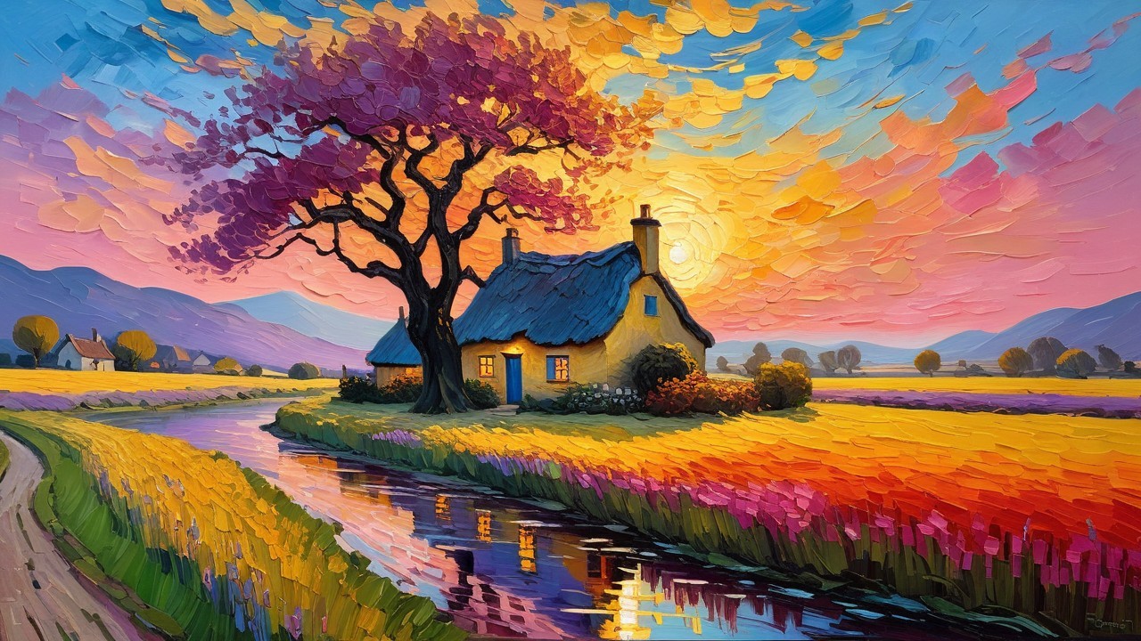 Quaint Cottage by Winding River in Serene Landscape