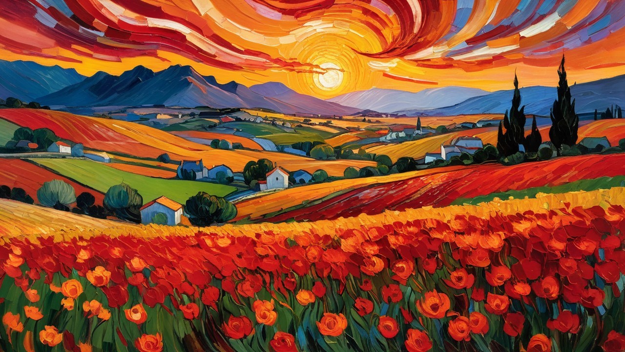 Vibrant Landscape of Hills and Poppy Fields at Sunset