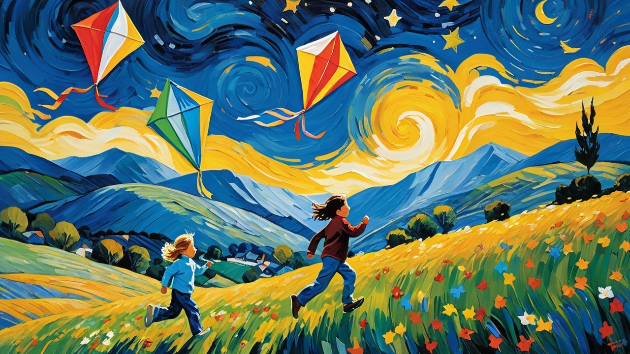 Children Running in a Colorful Flower Landscape