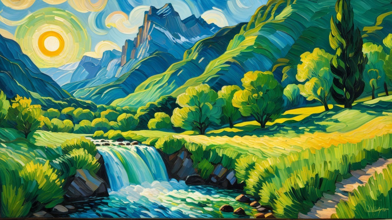 Vibrant Landscape Painting of a Serene Valley Scene