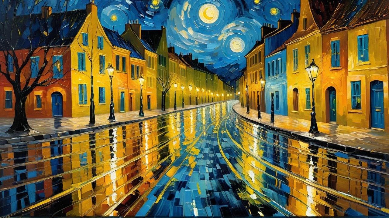 Vibrant Night Sky with Stars and Moon Over Cobblestone Street