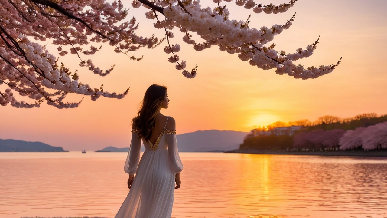 Sunset Scene with Woman by Calm Water and Blossoms