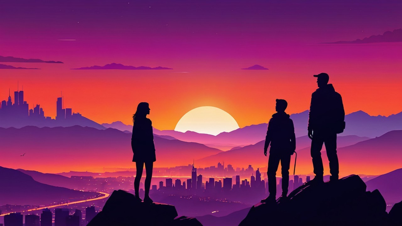 Silhouettes at Sunset Over a Cityscape and Mountains