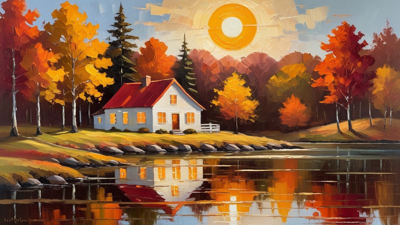 Autumn Lakeside Landscape with Cottage and Trees