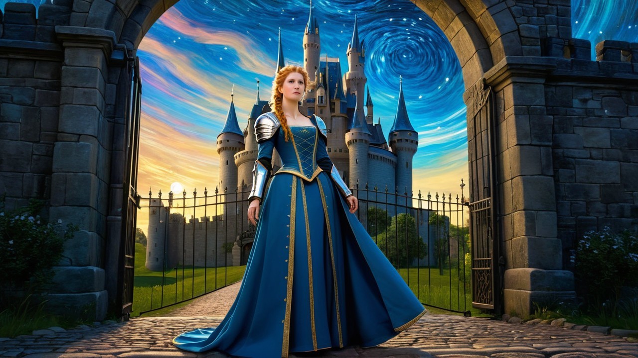 Regal Figure at Castle Entrance in Elegant Blue Gown