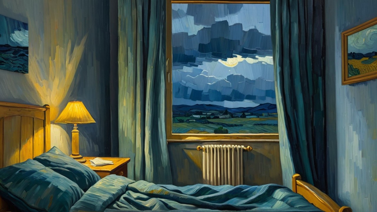 Cozy Bedroom with Warm Lighting and Night Sky View
