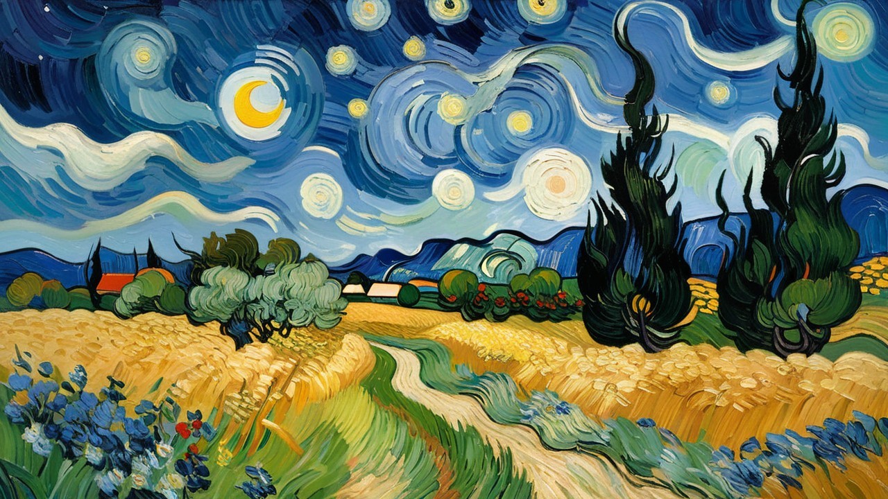 Vibrant Night Sky Over Serene Landscape with Cypress Trees