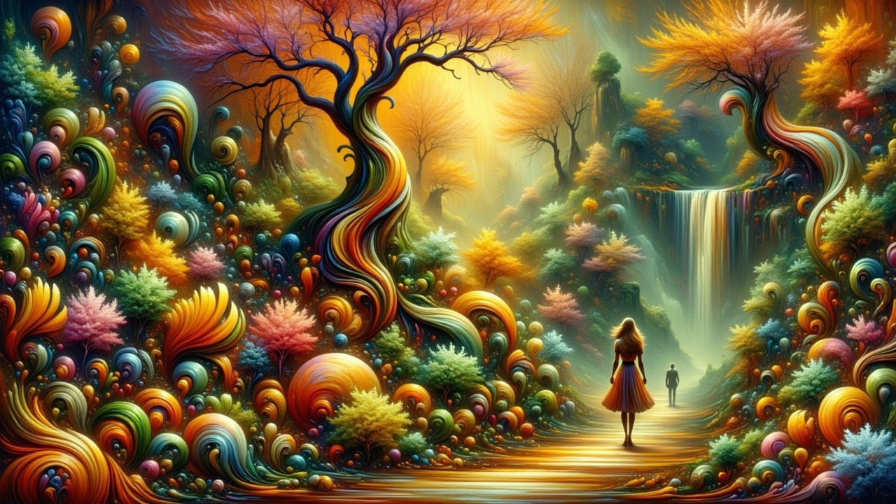 Vibrant Fantasy Landscape with Colorful Foliage and Waterfall