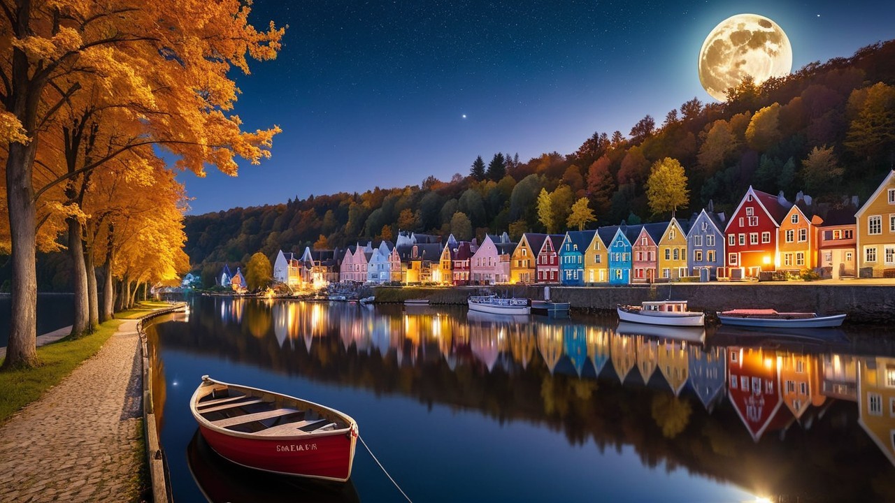 Serene Nighttime River Scene with Colorful Houses
