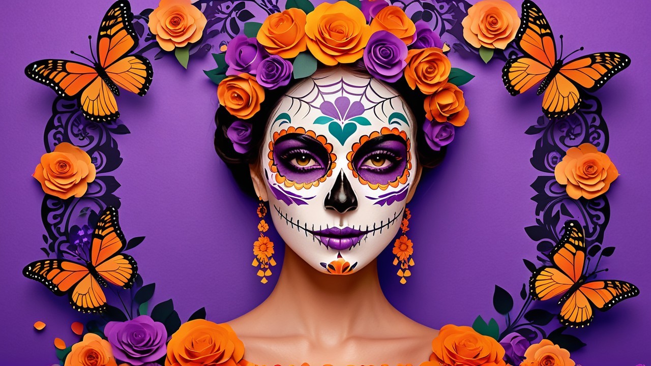 Woman with Sugar Skull Makeup and Orange Roses