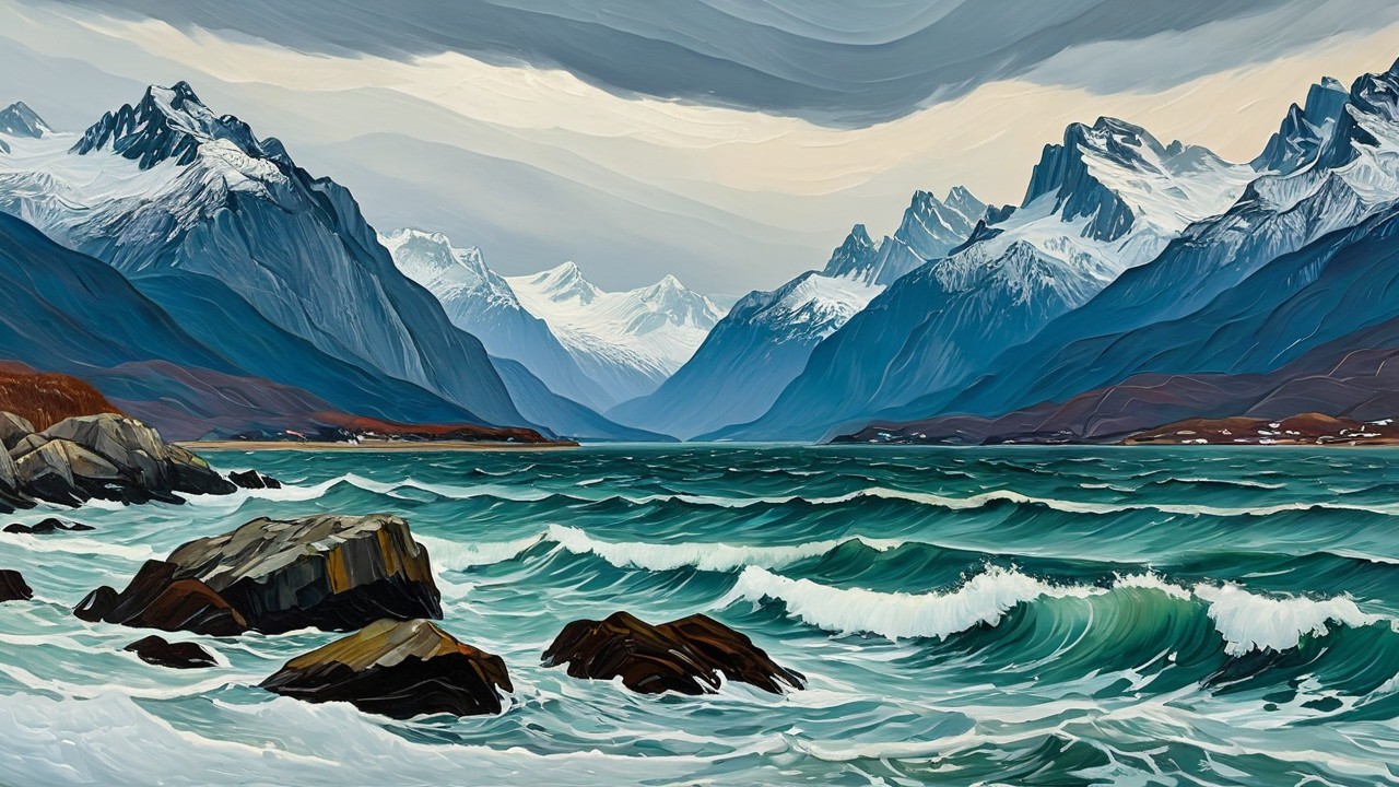 Dramatic Seaside Landscape with Snowy Mountains