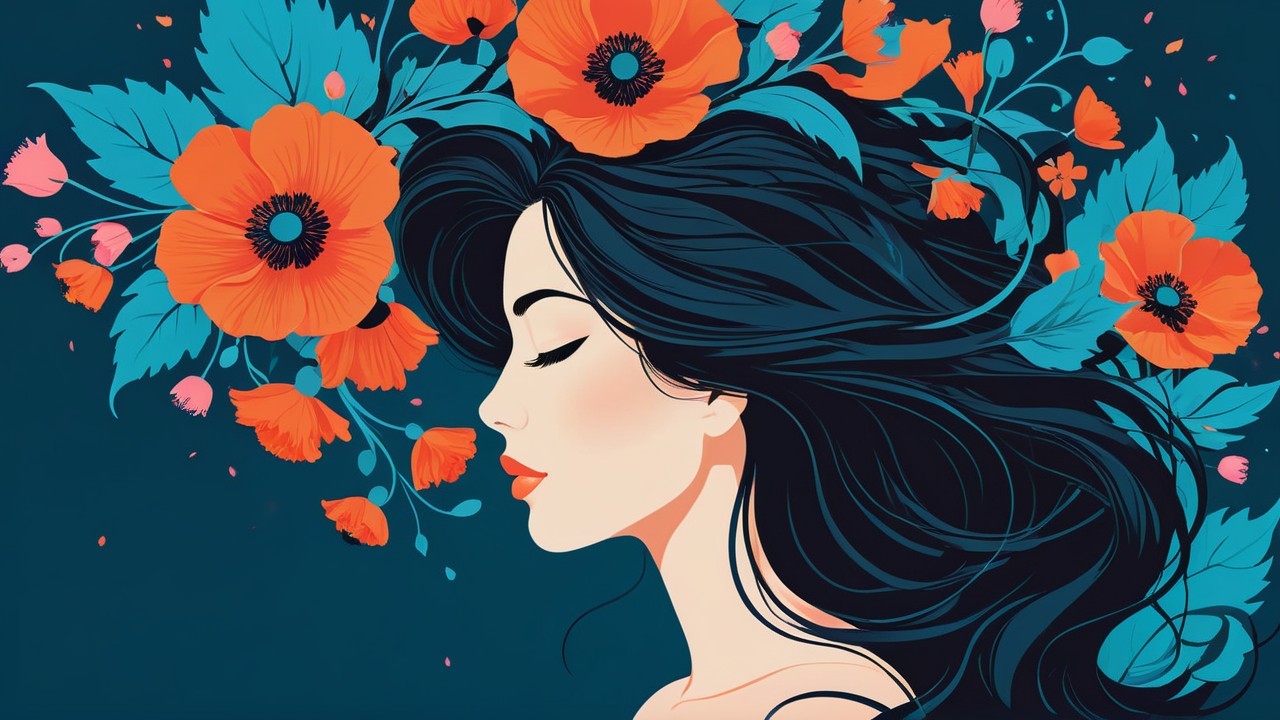 Serene Illustration of a Woman with Poppies and Foliage