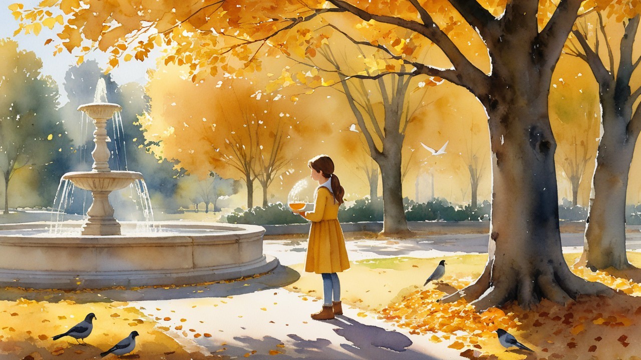Young girl in yellow dress by autumn fountain
