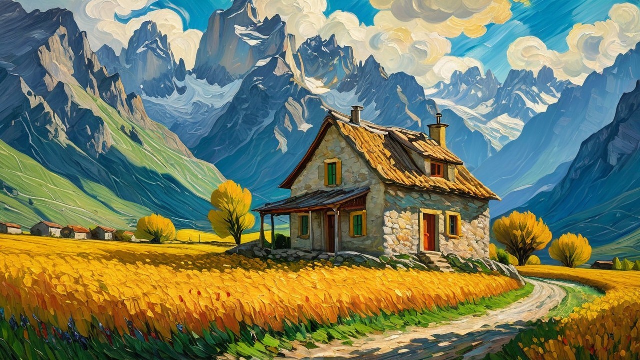 Vibrant Oil Painting of a Tranquil Mountain Village