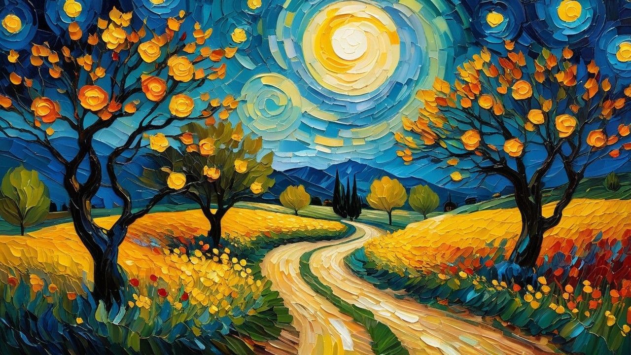 Vibrant Night Landscape with Hills and Moonlight