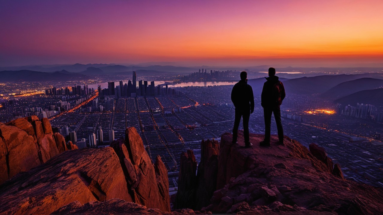 Figures on Rocky Outcrop Overlooking City at Sunset