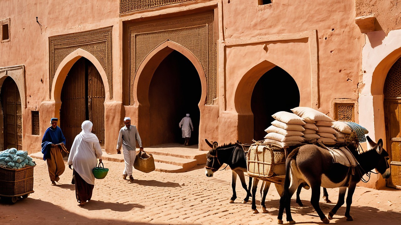 Traditional Market Scene with Sandstone Architecture
