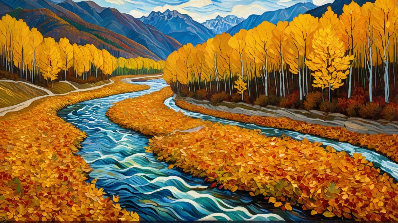 Vibrant Autumn Landscape with Winding River and Mountains
