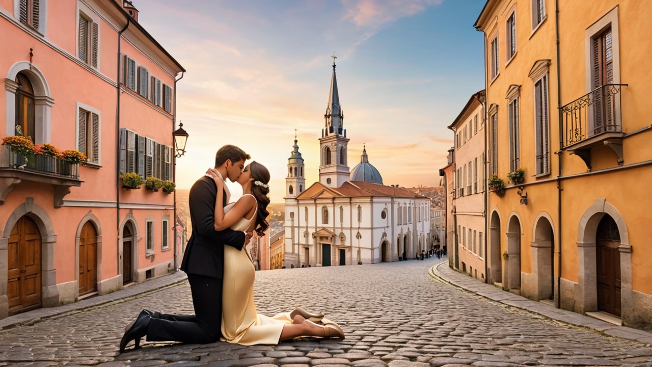 Romantic Kiss on Cobblestone Street at Sunset
