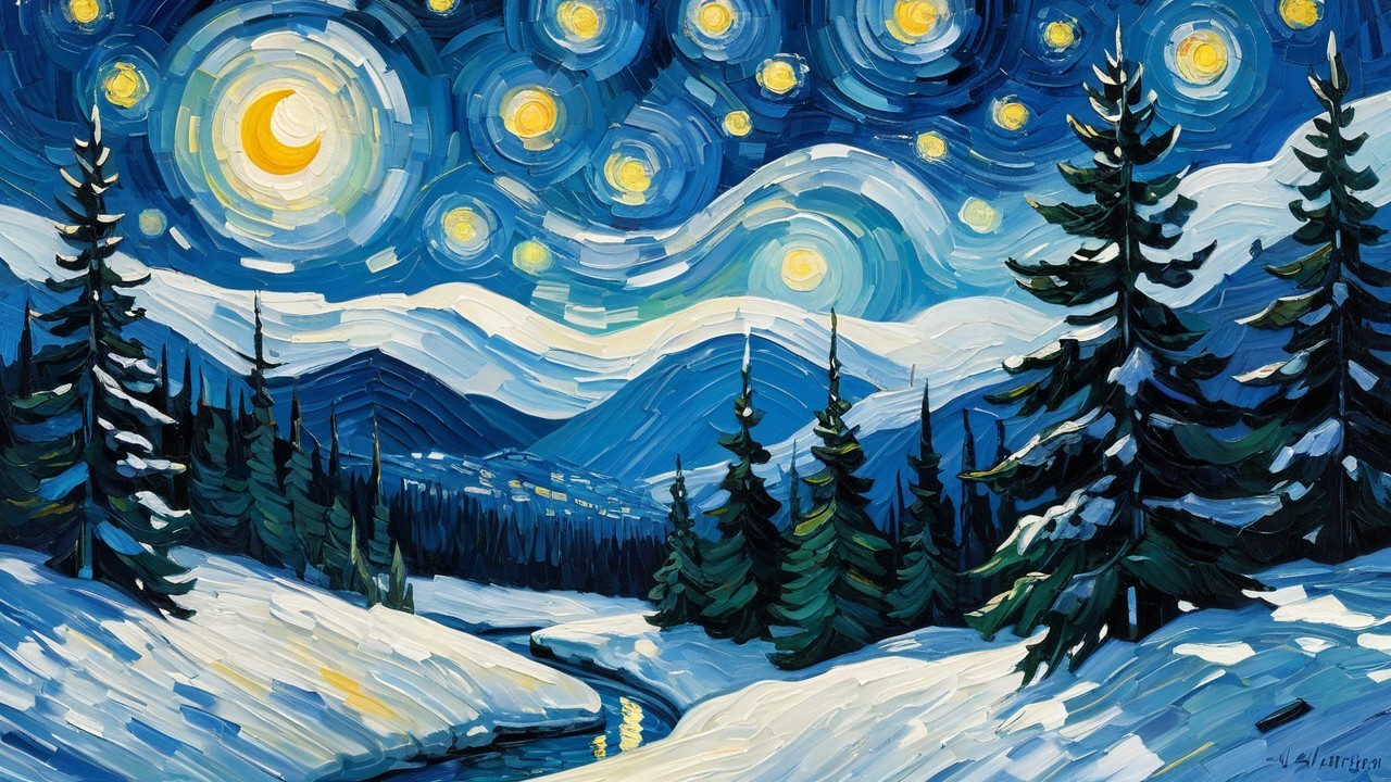 Winter Landscape with Swirling Night Sky and Snowy Terrain