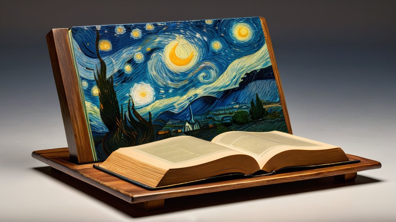 Still Life of Open Book on Wooden Stand with Background