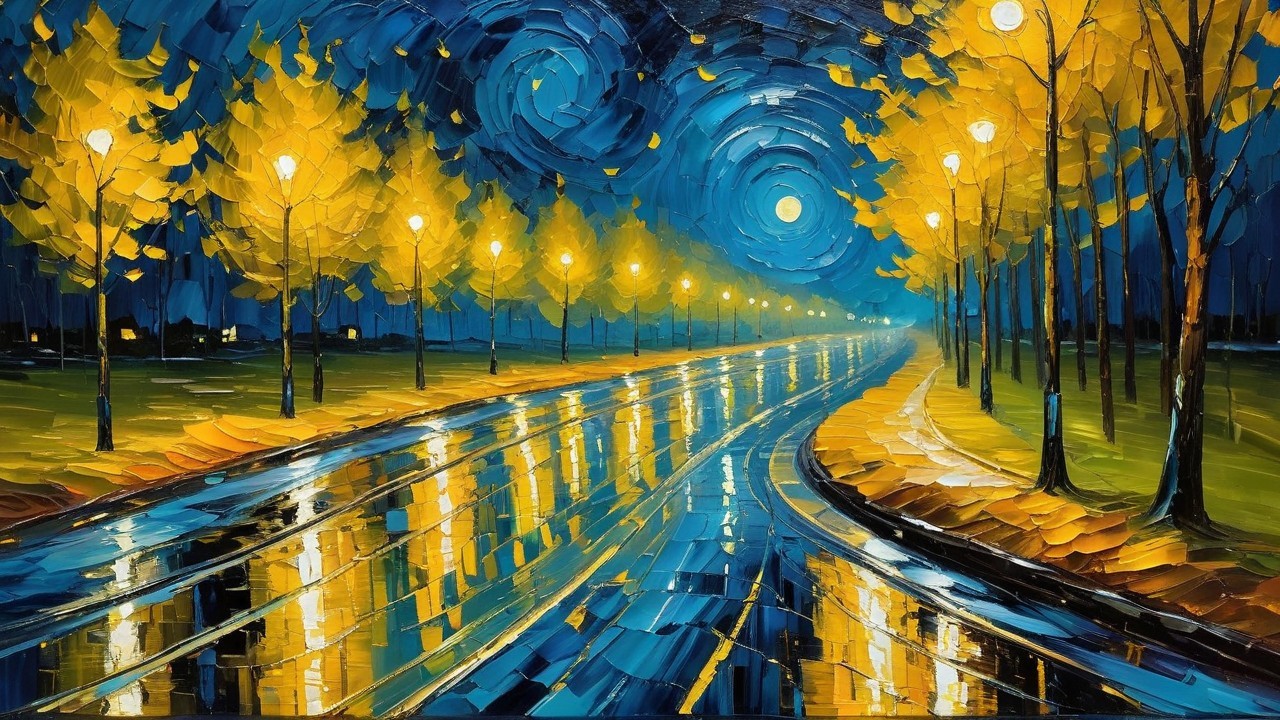 Impressionistic Scene of a Winding Road at Night