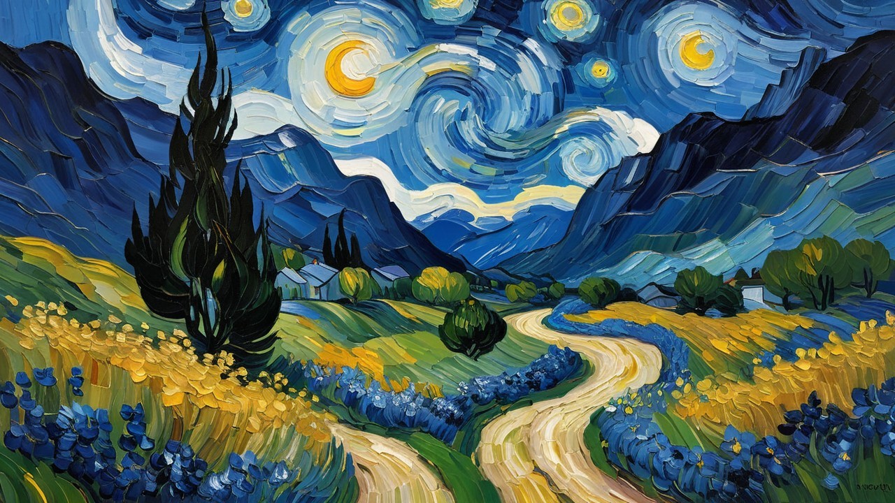 Vibrant Landscape with Swirling Skies and Hills