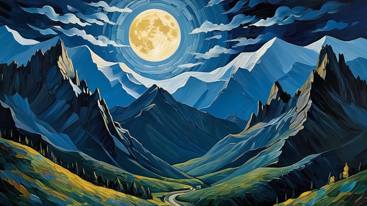 Vibrant Moonlit Mountain Valley Painting Description