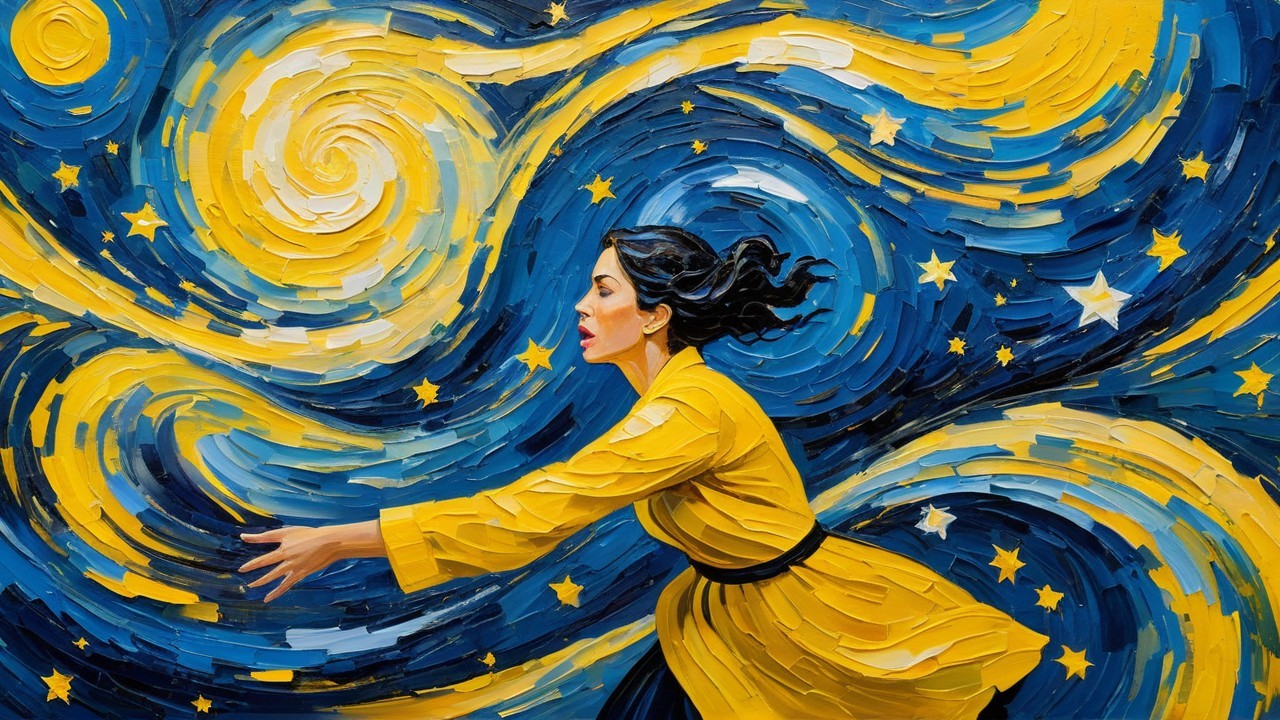 Woman in Yellow Robe Against Cosmic Night Sky