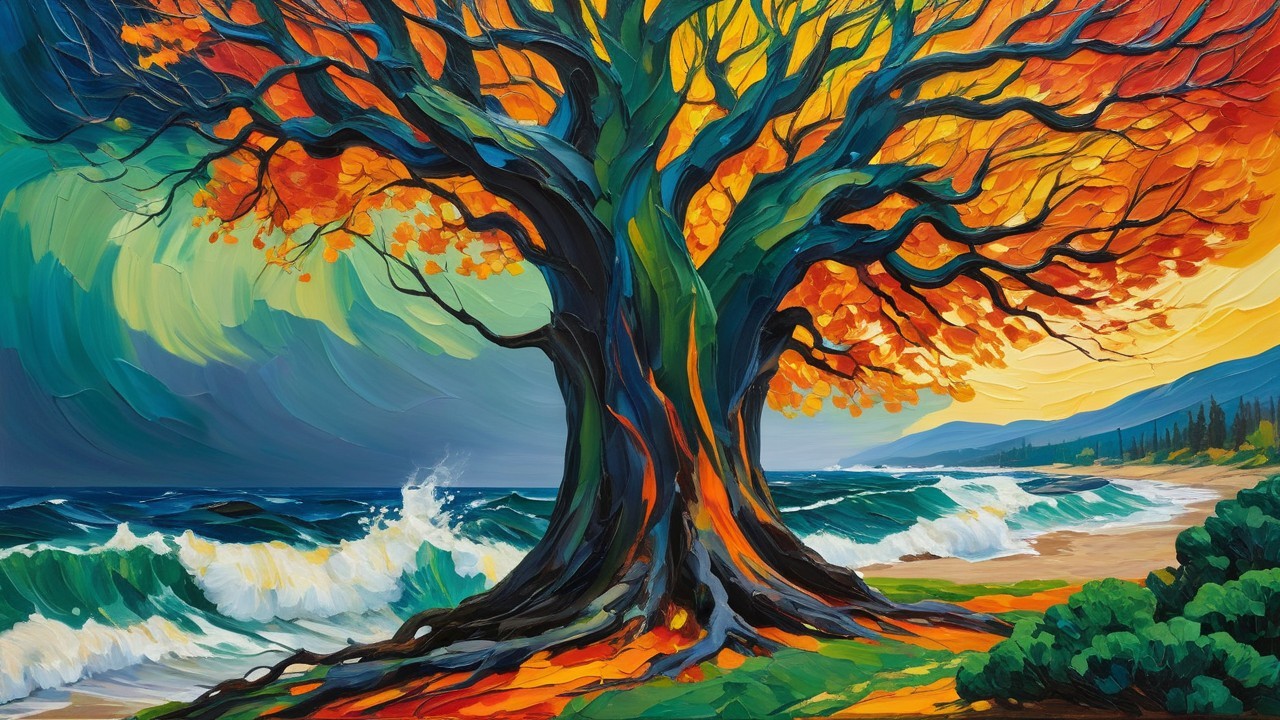 Vivid Painting of Tree with Stormy Ocean Background