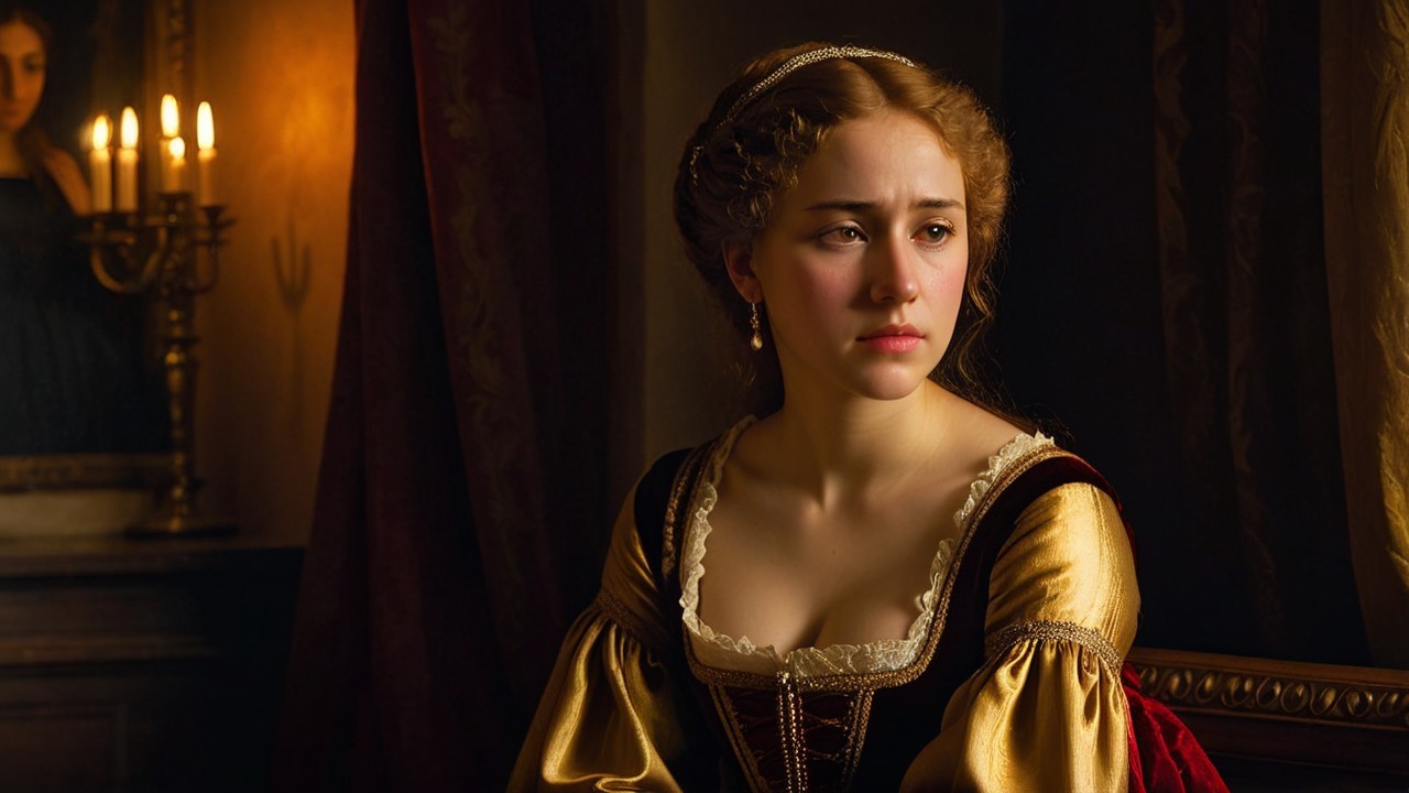 Young Woman in Historic Gown with Candlelight Glow