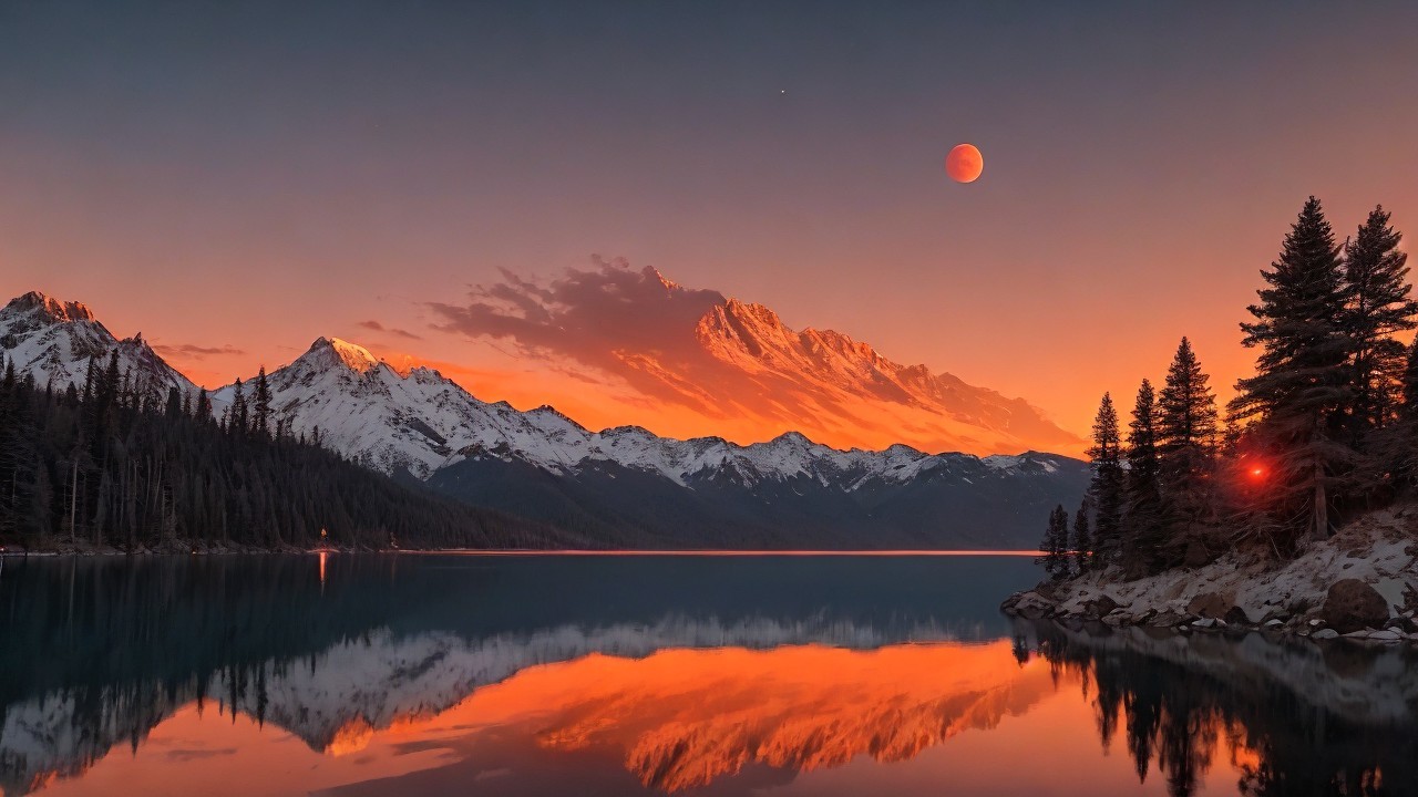 Twilight Lake Scene with Mountains and Lunar Eclipse