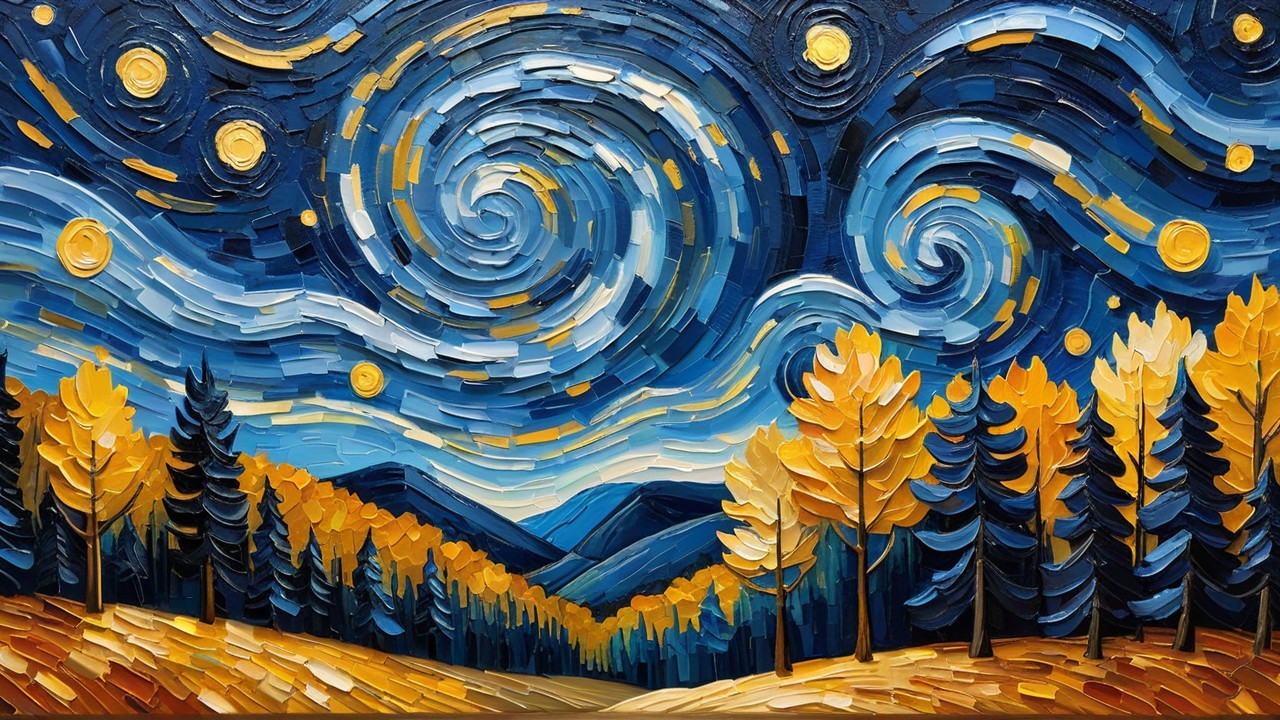 Swirling Night Sky with Autumnal Landscape Details